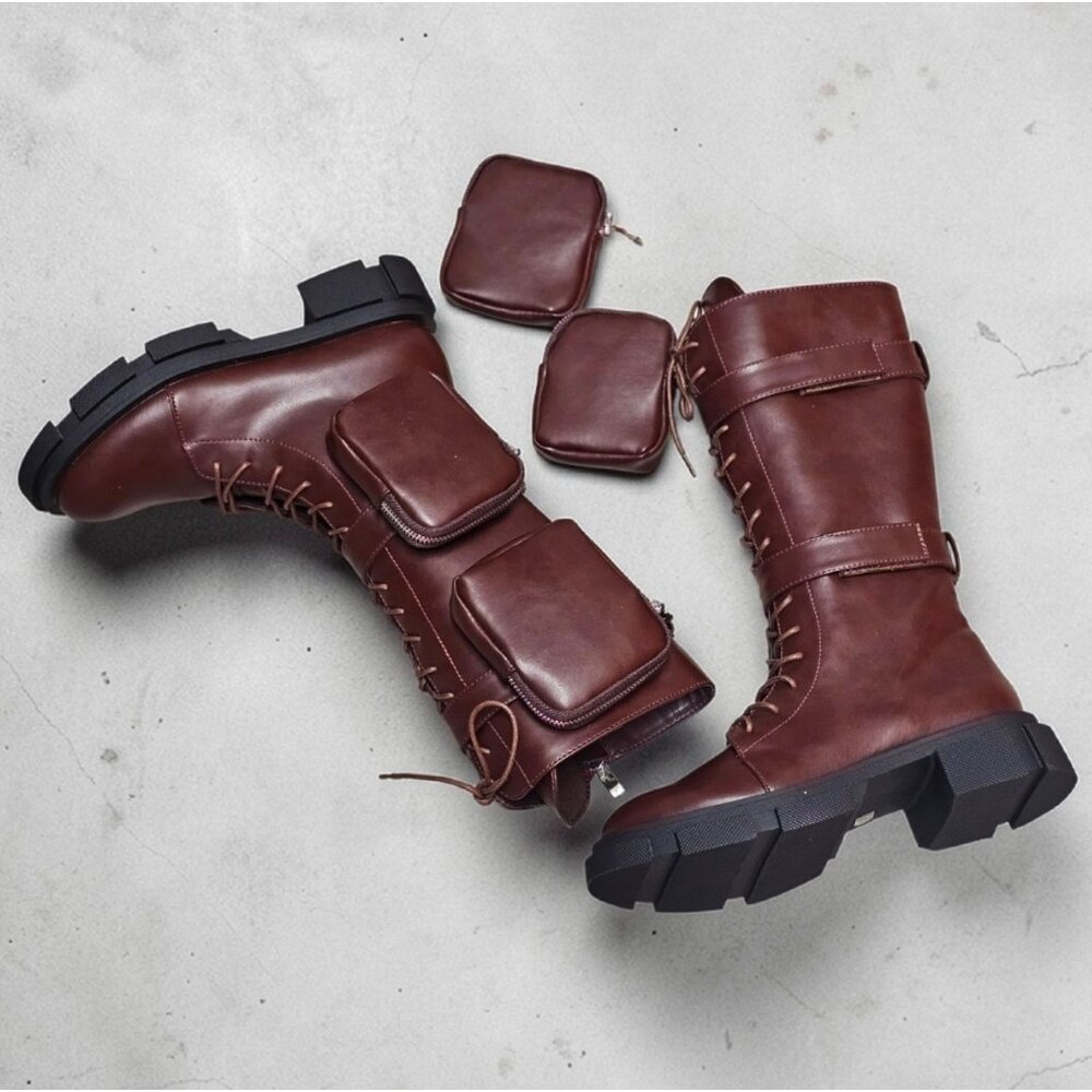 Lace-Up Wine Combat Boots With Detachable Utility Pouches & Side Zippers For Wom - Picture 11 of 12